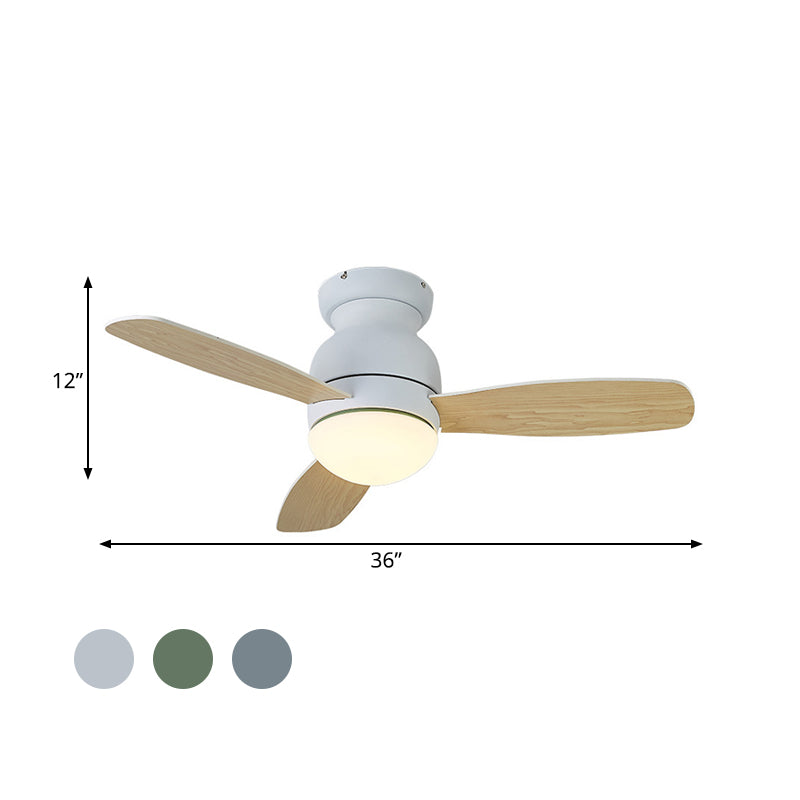 36" Wide LED Metal Hanging Fan Lighting Kids Grey/White/Green Dome Living Room Semi Flush Lamp Fixture with 3 Wood Blades Clearhalo 'Ceiling Fans with Lights' 'Ceiling Fans' 'Kids Ceiling Fans' 'Kids' Lighting' 399360