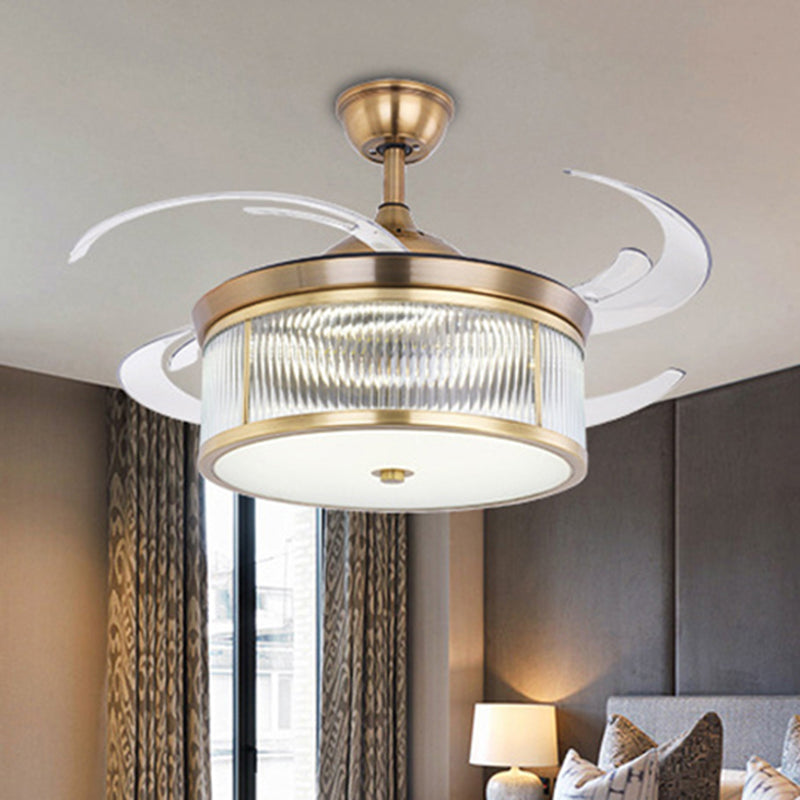Brass Cylinder Hanging Fan Lamp Modernist Metal Living Room 48" W LED Semi Flush Ceiling Light with 8 Blades Brass Clearhalo 'Ceiling Fans with Lights' 'Ceiling Fans' 'Modern Ceiling Fans' 'Modern' Lighting' 399561