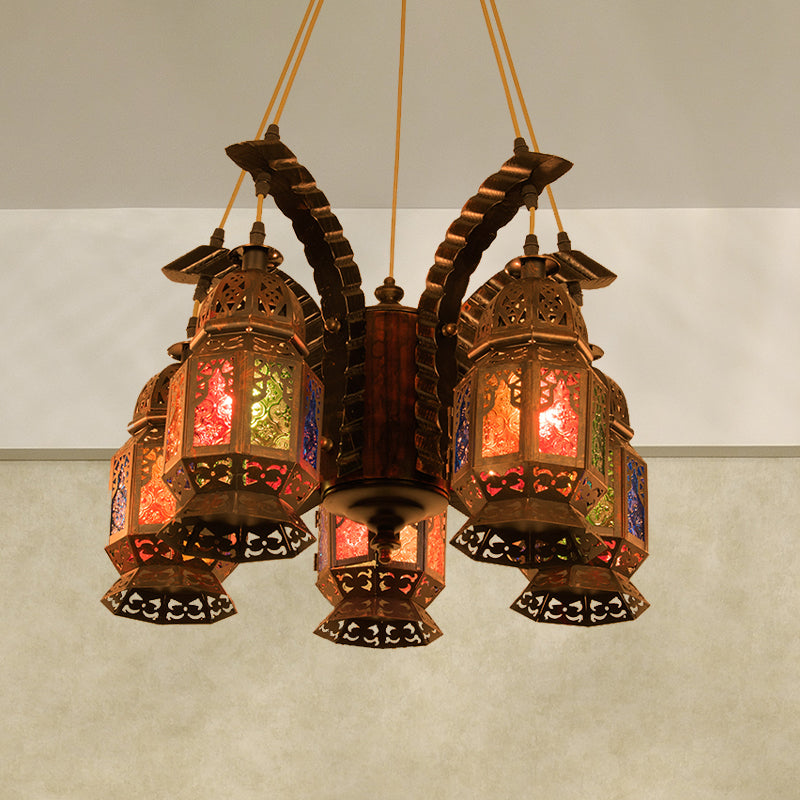 Lantern Metallic Chandelier Pendant Lamp Vintage 5 Bulbs Restaurant Hanging Light Fixture in Copper Clearhalo 'Ceiling Lights' 'Chandeliers' Lighting' options 399707