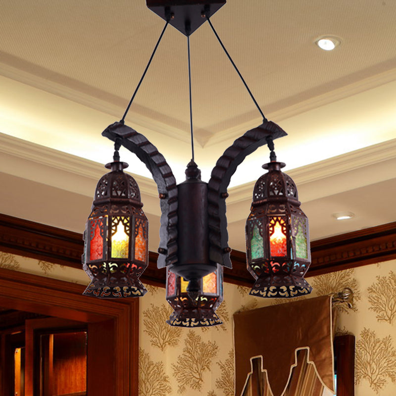 Black 3-Light Hanging Chandelier Arab Metal Lantern Suspension Lamp for Living Room Clearhalo 'Ceiling Lights' 'Chandeliers' Lighting' options 399711