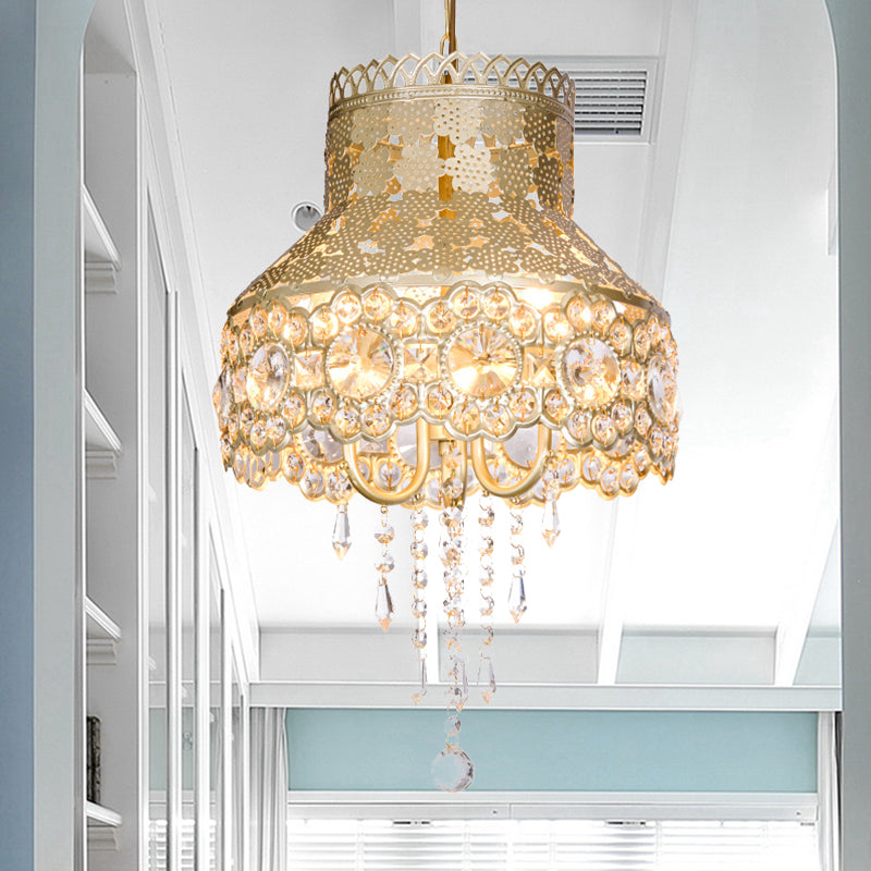 3 Lights Ceiling Chandelier Vintage Urn Shape Metal Pendant Lamp in Brass with Crystal Decoration Brass Clearhalo 'Ceiling Lights' 'Chandeliers' Lighting' options 399726_69d9c84a-0d55-434a-bdc7-d9f8919b4061