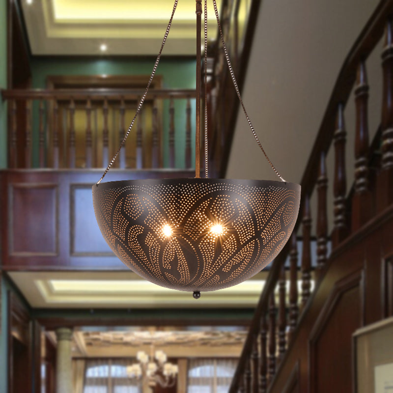 Bowl Restaurant Chandelier Vintage Metal 3-Light Black Hanging Ceiling Lamp with Hollow-Out Spot/Circle/Flower Pattern Clearhalo 'Ceiling Lights' 'Chandeliers' Lighting' options 399769