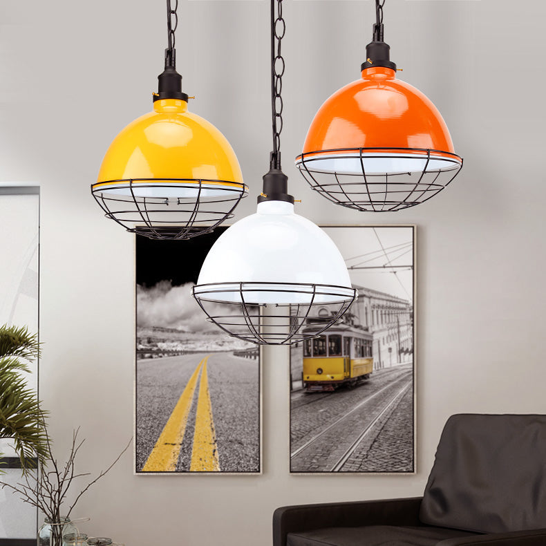 Bowl Shade Indoor Pendant Light Retro Industrial Metal 1 Bulb Black/White/Red Ceiling Light with Wire Guard and Chain Clearhalo 'Art Deco Pendants' 'Black' 'Cast Iron' 'Ceiling Lights' 'Ceramic' 'Crystal' 'Industrial Pendants' 'Industrial' 'Metal' 'Middle Century Pendants' 'Pendant Lights' 'Pendants' 'Rustic Pendants' 'Tiffany' Lighting' 39991