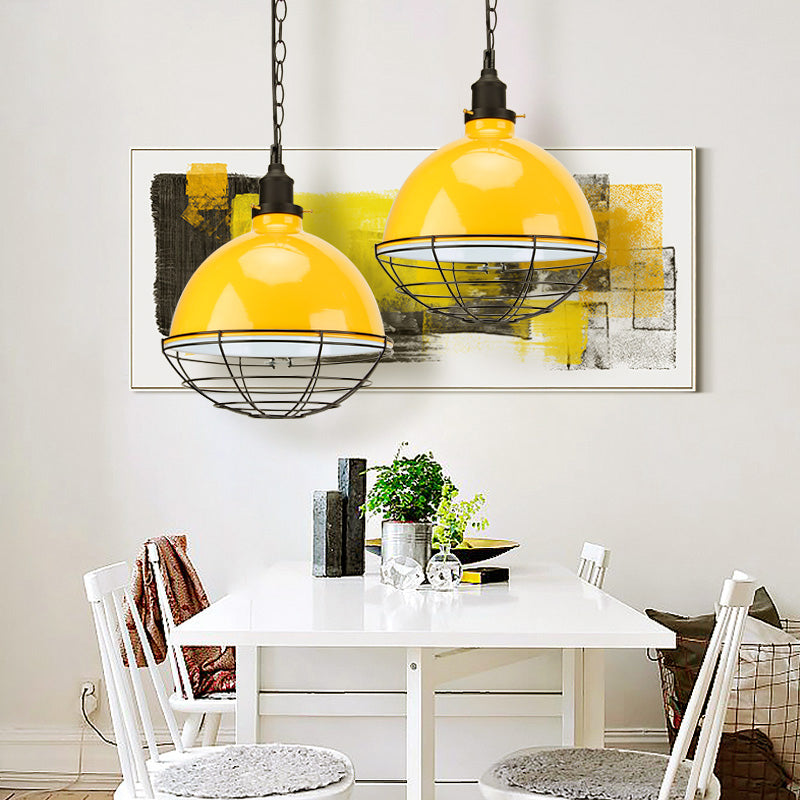 Bowl Shade Indoor Pendant Light Retro Industrial Metal 1 Bulb Black/White/Red Ceiling Light with Wire Guard and Chain Yellow Clearhalo 'Art Deco Pendants' 'Black' 'Cast Iron' 'Ceiling Lights' 'Ceramic' 'Crystal' 'Industrial Pendants' 'Industrial' 'Metal' 'Middle Century Pendants' 'Pendant Lights' 'Pendants' 'Rustic Pendants' 'Tiffany' Lighting' 39992