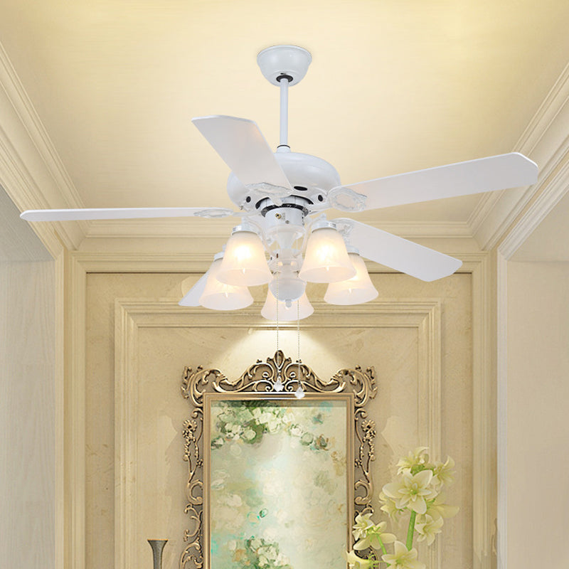 White 5 Lights Hanging Fan Lighting Modernist Opal Glass Bell Shade Semi Flush Lamp with 5 Blades for Living Room, 48" W Clearhalo 'Ceiling Fans with Lights' 'Ceiling Fans' 'Modern Ceiling Fans' 'Modern' Lighting' 400181