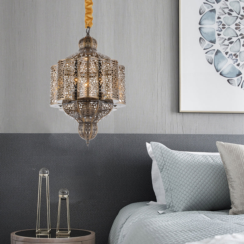 3 Lights Metal Hanging Chandelier Vintage Brass Castle Shape Living Room Suspension Lamp with Hollowed Out Design Clearhalo 'Ceiling Lights' 'Chandeliers' Lighting' options 400354