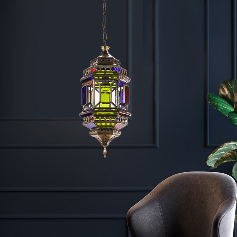 3-Bulb Hanging Lighting Art Deco Castle Shape Colorful Glass Chandelier Pendant Lamp in Brass Clearhalo 'Ceiling Lights' 'Chandeliers' Lighting' options 400379