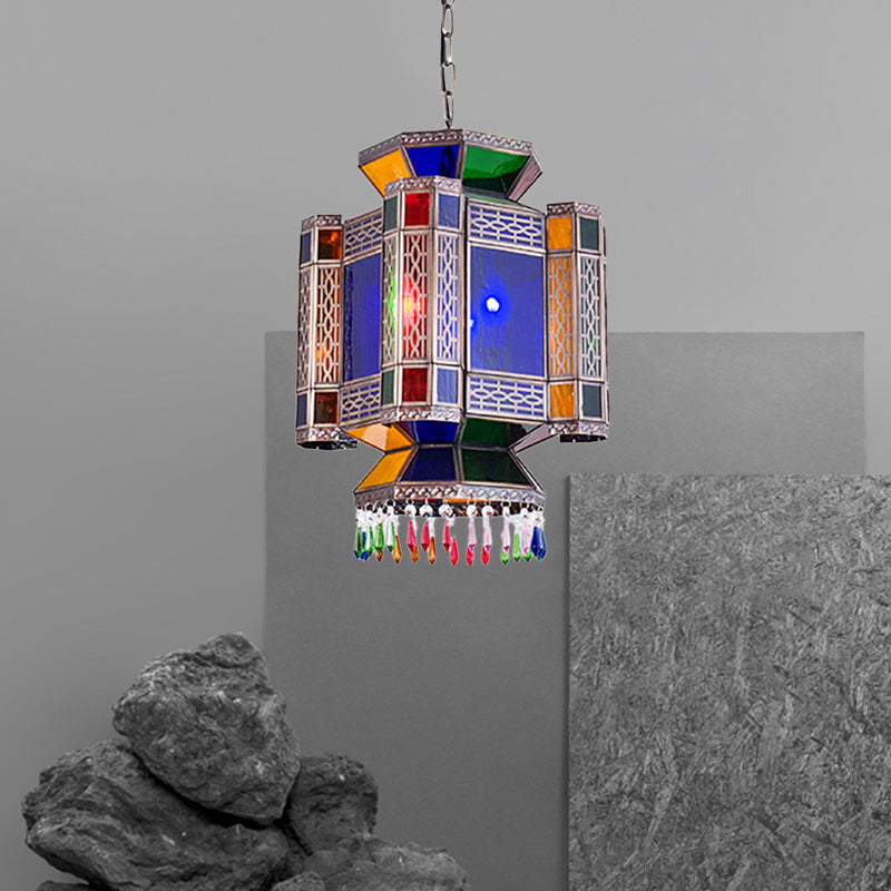 Castle Blue Glass Hanging Chandelier Arab 3 Lights Restaurant Ceiling Pendant Lamp Clearhalo 'Ceiling Lights' 'Chandeliers' Lighting' options 400461