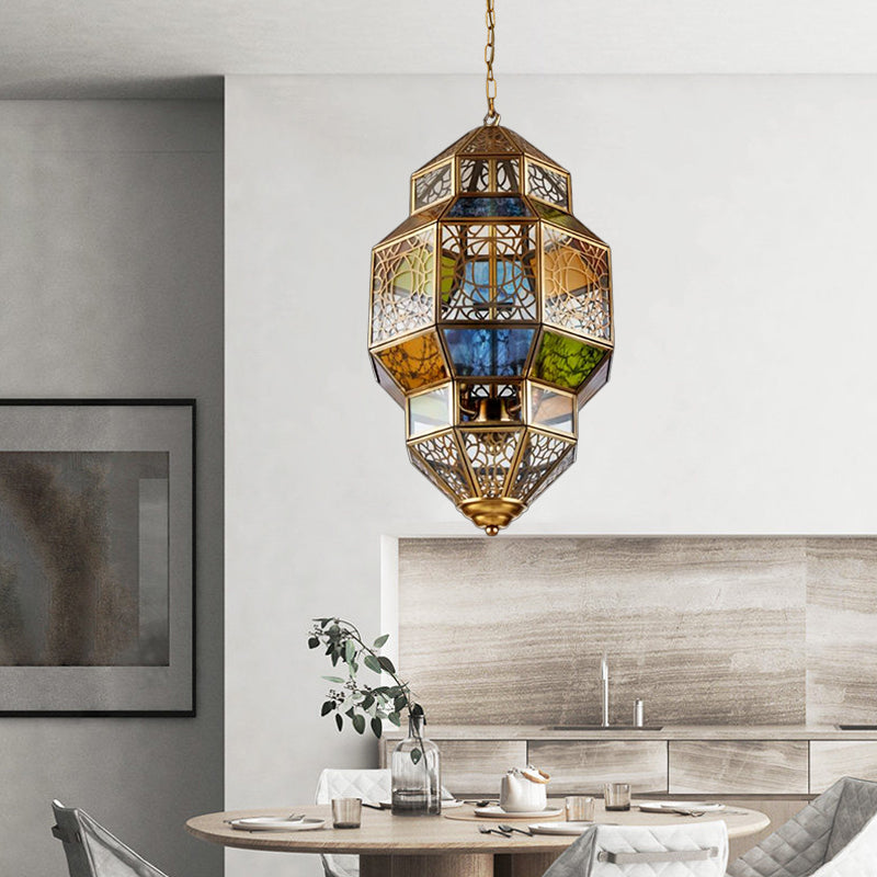 3-Head Gourd Chandelier Lighting Arab Brass Finish Metallic Hanging Ceiling Lamp with Colorful Glass Shade Clearhalo 'Ceiling Lights' 'Chandeliers' Lighting' options 400481