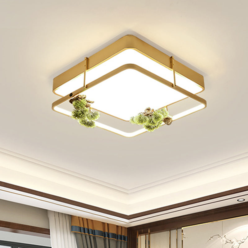 Black/Gold LED Ceiling Fixture Industrial Metal Square/Round Plant Flush Mount Light for Bedroom, 16.5"/20.5" W Gold Square Plate Clearhalo 'Ceiling Lights' 'Close To Ceiling Lights' 'Close to ceiling' 'Flush mount' 'Industrial Flush Mount' Lighting' 400657