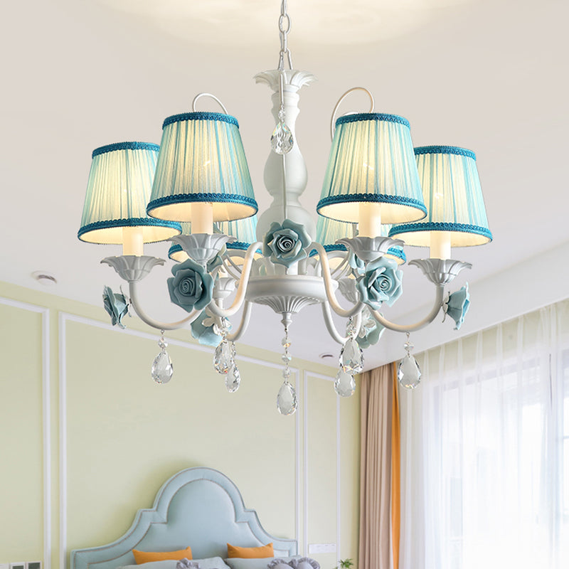 Pink/Blue 6 Heads Chandelier Lighting Korean Garden Metal Tapered Hanging Light Fixture with Fabric Shade Clearhalo 'Ceiling Lights' 'Chandeliers' Lighting' options 400714
