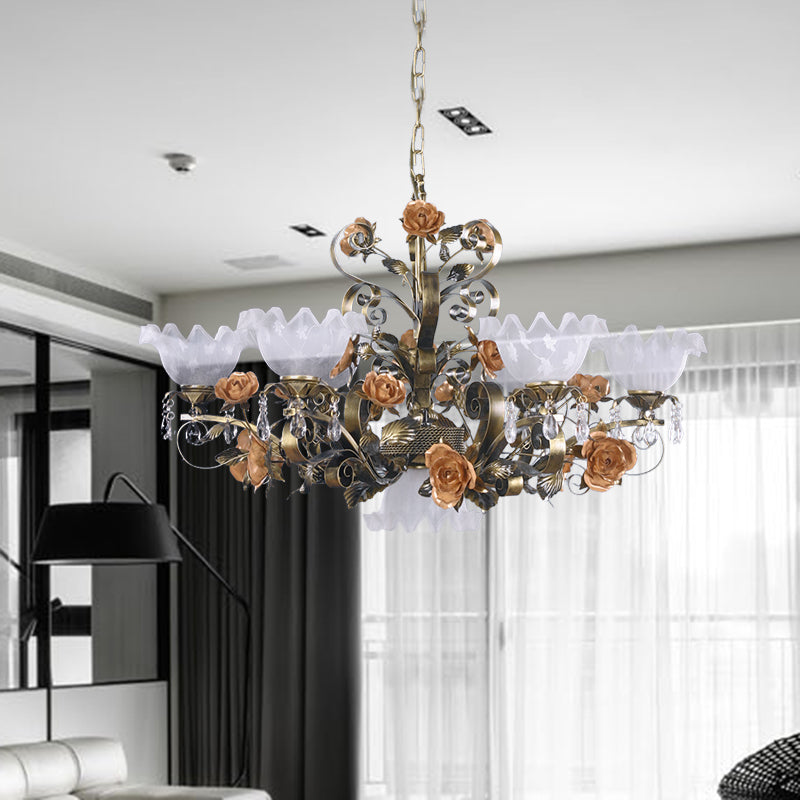 Scalloped Bedroom Ceiling Chandelier American Flower Metal 6/7/9 Heads Bronze Hanging Light Fixture Clearhalo 'Ceiling Lights' 'Chandeliers' Lighting' options 400820