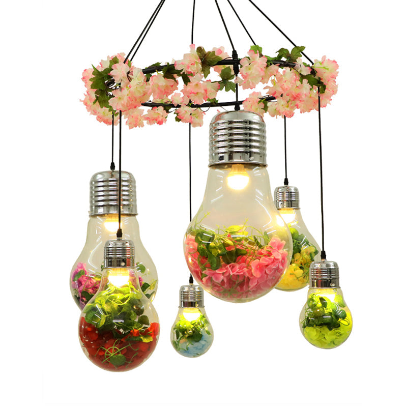 Black 6 Heads Cluster Pendant Industrial Clear Glass Bulb Shape LED Flower Suspension Light for Restaurant Clearhalo 'Ceiling Lights' 'Chandeliers' 'Glass shade' 'Glass' 'Industrial Pendants' 'Industrial' 'Middle Century Pendants' 'Pendant Lights' 'Pendants' 'Tiffany' Lighting' 401010