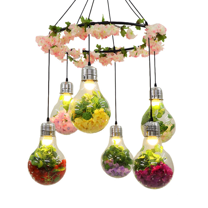 Black 6 Heads Cluster Pendant Industrial Clear Glass Bulb Shape LED Flower Suspension Light for Restaurant Clearhalo 'Ceiling Lights' 'Chandeliers' 'Glass shade' 'Glass' 'Industrial Pendants' 'Industrial' 'Middle Century Pendants' 'Pendant Lights' 'Pendants' 'Tiffany' Lighting' 401014