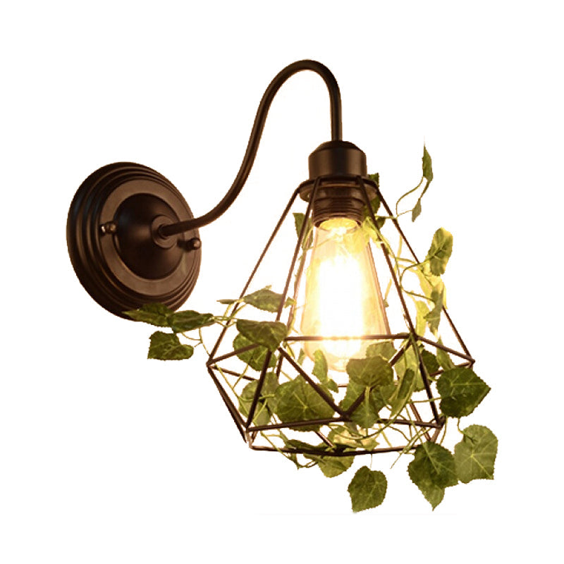 1 Light Wall Lighting Fixture Industrial Diamond/Globe/Square Metal LED Wall Lamp Sconce in Black with Plant Clearhalo 'Art deco wall lights' 'Cast Iron' 'Glass' 'Industrial wall lights' 'Industrial' 'Middle century wall lights' 'Modern' 'Rustic wall lights' 'Tiffany' 'Traditional wall lights' 'Wall Lamps & Sconces' 'Wall Lights' Lighting' 401160