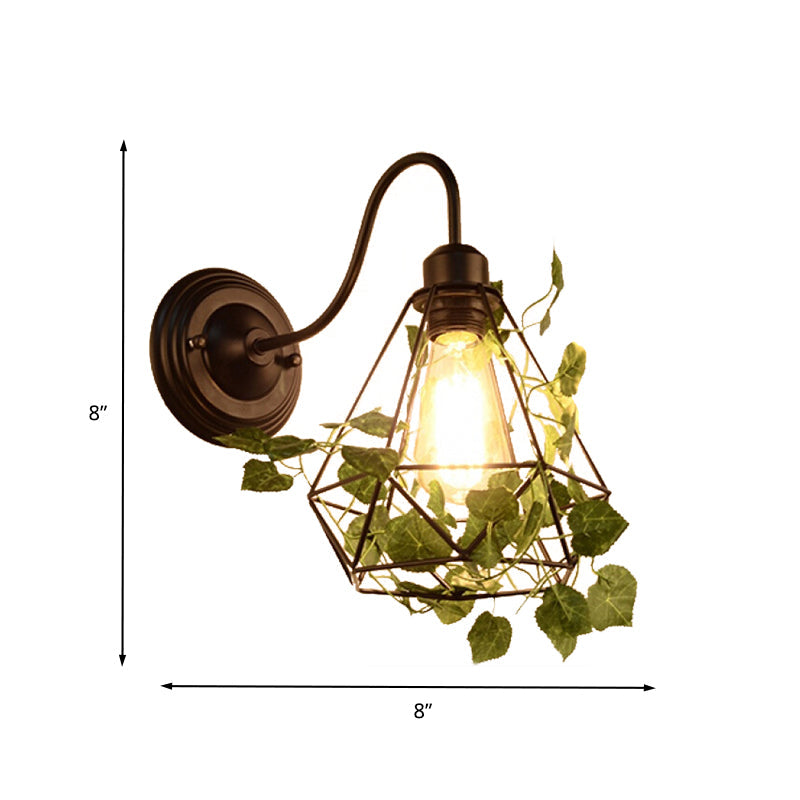 1 Light Wall Lighting Fixture Industrial Diamond/Globe/Square Metal LED Wall Lamp Sconce in Black with Plant Clearhalo 'Art deco wall lights' 'Cast Iron' 'Glass' 'Industrial wall lights' 'Industrial' 'Middle century wall lights' 'Modern' 'Rustic wall lights' 'Tiffany' 'Traditional wall lights' 'Wall Lamps & Sconces' 'Wall Lights' Lighting' 401162