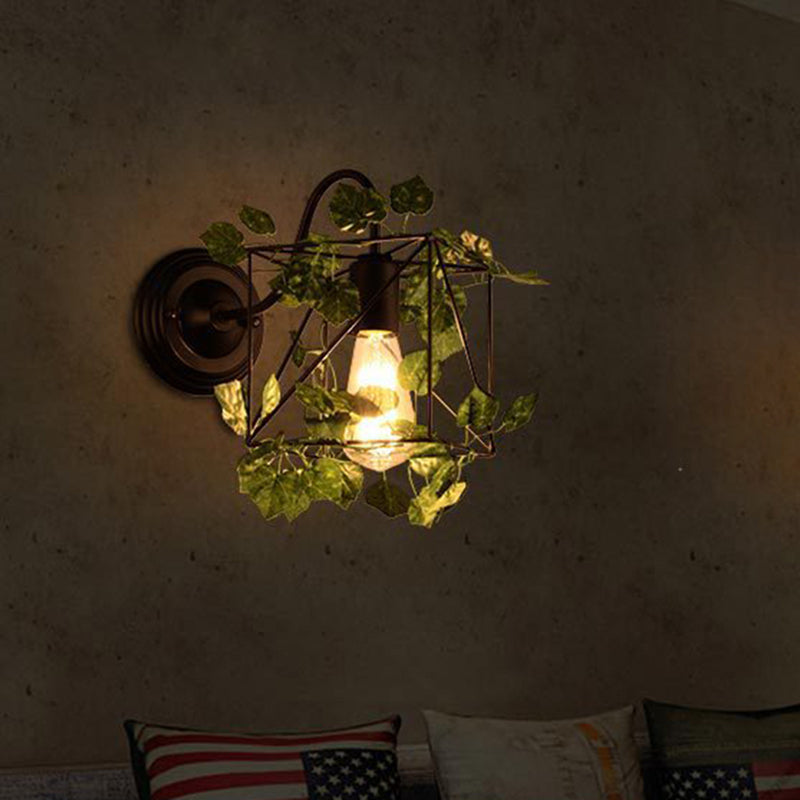 1 Light Wall Lighting Fixture Industrial Diamond/Globe/Square Metal LED Wall Lamp Sconce in Black with Plant Clearhalo 'Art deco wall lights' 'Cast Iron' 'Glass' 'Industrial wall lights' 'Industrial' 'Middle century wall lights' 'Modern' 'Rustic wall lights' 'Tiffany' 'Traditional wall lights' 'Wall Lamps & Sconces' 'Wall Lights' Lighting' 401172