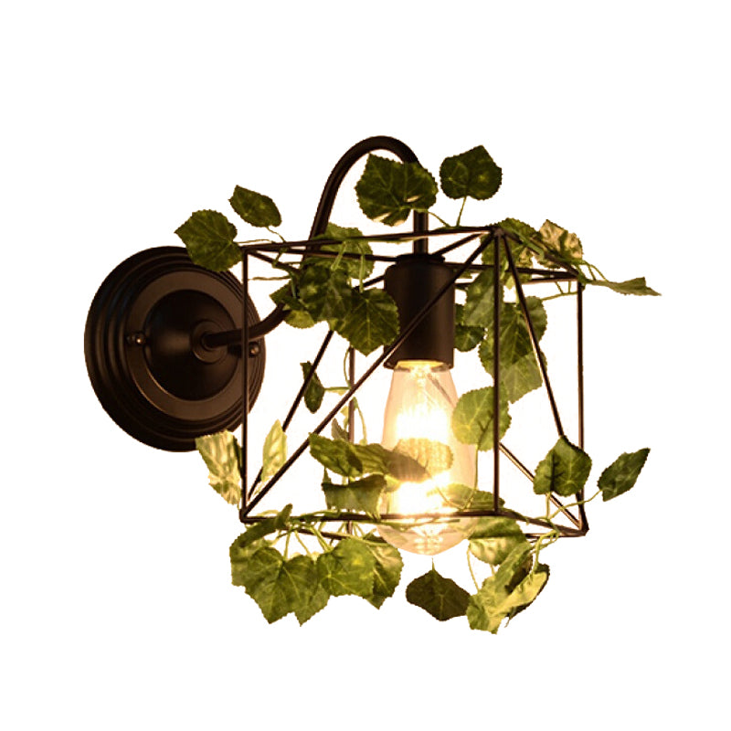 1 Light Wall Lighting Fixture Industrial Diamond/Globe/Square Metal LED Wall Lamp Sconce in Black with Plant Clearhalo 'Art deco wall lights' 'Cast Iron' 'Glass' 'Industrial wall lights' 'Industrial' 'Middle century wall lights' 'Modern' 'Rustic wall lights' 'Tiffany' 'Traditional wall lights' 'Wall Lamps & Sconces' 'Wall Lights' Lighting' 401173