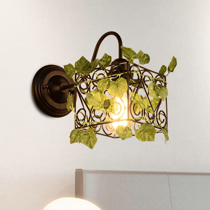 1 Light Wall Lighting Fixture Industrial Diamond/Globe/Square Metal LED Wall Lamp Sconce in Black with Plant Black D Clearhalo 'Art deco wall lights' 'Cast Iron' 'Glass' 'Industrial wall lights' 'Industrial' 'Middle century wall lights' 'Modern' 'Rustic wall lights' 'Tiffany' 'Traditional wall lights' 'Wall Lamps & Sconces' 'Wall Lights' Lighting' 401175