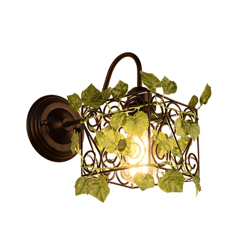1 Light Wall Lighting Fixture Industrial Diamond/Globe/Square Metal LED Wall Lamp Sconce in Black with Plant Clearhalo 'Art deco wall lights' 'Cast Iron' 'Glass' 'Industrial wall lights' 'Industrial' 'Middle century wall lights' 'Modern' 'Rustic wall lights' 'Tiffany' 'Traditional wall lights' 'Wall Lamps & Sconces' 'Wall Lights' Lighting' 401177