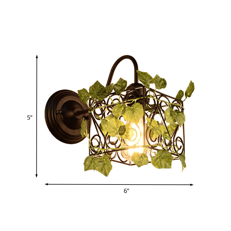 1 Light Wall Lighting Fixture Industrial Diamond/Globe/Square Metal LED Wall Lamp Sconce in Black with Plant Clearhalo 'Art deco wall lights' 'Cast Iron' 'Glass' 'Industrial wall lights' 'Industrial' 'Middle century wall lights' 'Modern' 'Rustic wall lights' 'Tiffany' 'Traditional wall lights' 'Wall Lamps & Sconces' 'Wall Lights' Lighting' 401178