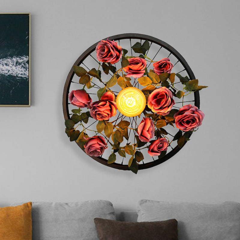 Vintage Wheel Wall Mount Lighting 1 Bulb Metal LED Rose Wall Sconce Light in Black for Restaurant Clearhalo 'Art deco wall lights' 'Cast Iron' 'Glass' 'Industrial wall lights' 'Industrial' 'Middle century wall lights' 'Modern' 'Rustic wall lights' 'Tiffany' 'Traditional wall lights' 'Wall Lamps & Sconces' 'Wall Lights' Lighting' 401213