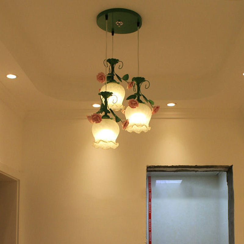 Flower White Glass Cluster Pendant Pastoral 3 Heads Dining Room LED Hanging Ceiling Light Clearhalo 'Ceiling Lights' 'Chandeliers' 'Glass shade' 'Glass' 'Industrial Pendants' 'Industrial' 'Middle Century Pendants' 'Pendant Lights' 'Pendants' 'Tiffany' Lighting' 401286