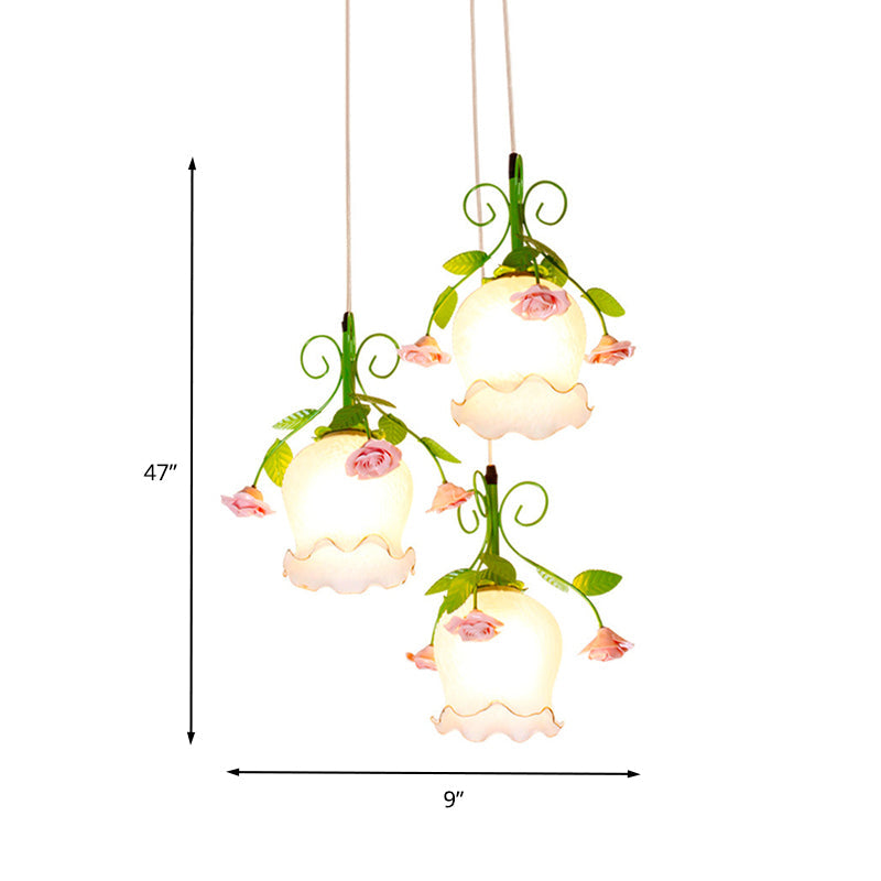 Flower White Glass Cluster Pendant Pastoral 3 Heads Dining Room LED Hanging Ceiling Light Clearhalo 'Ceiling Lights' 'Chandeliers' 'Glass shade' 'Glass' 'Industrial Pendants' 'Industrial' 'Middle Century Pendants' 'Pendant Lights' 'Pendants' 'Tiffany' Lighting' 401288