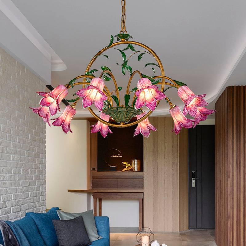 American Garden Lily Hanging Chandelier 6/8/10 Bulbs Metal LED Suspension Light in Brass for Dining Room Clearhalo 'Ceiling Lights' 'Chandeliers' Lighting' options 401313