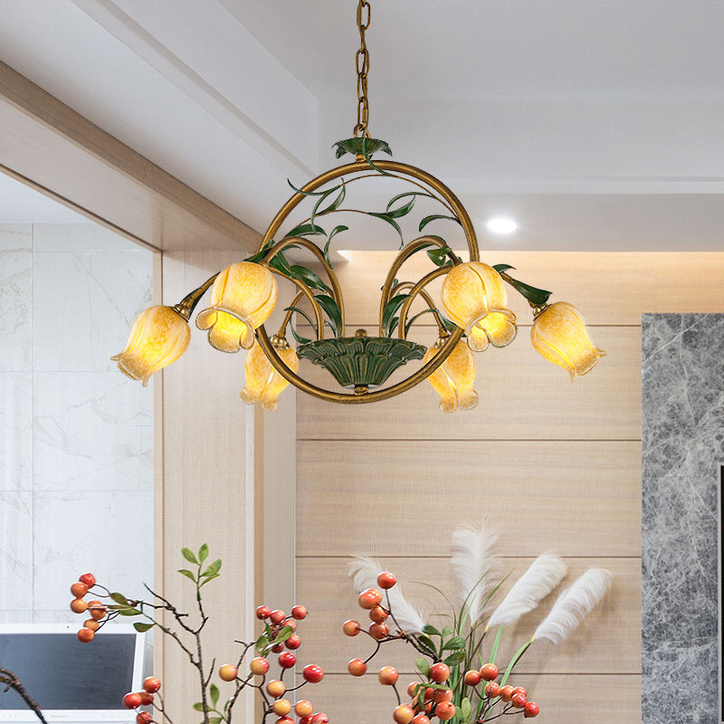 Metal Tulip Ceiling Chandelier Romantic Pastoral 6/8/10 Bulbs Living Room LED Hanging Pendant Light in Brass Clearhalo 'Ceiling Lights' 'Chandeliers' Lighting' options 401317