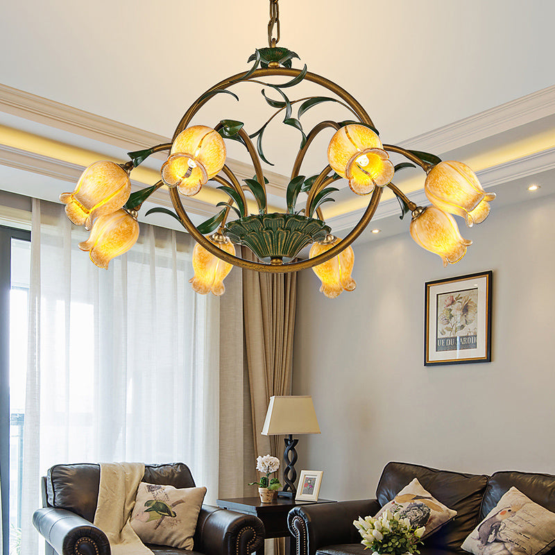 Metal Tulip Ceiling Chandelier Romantic Pastoral 6/8/10 Bulbs Living Room LED Hanging Pendant Light in Brass Clearhalo 'Ceiling Lights' 'Chandeliers' Lighting' options 401322