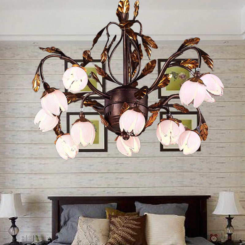 Metal Dark Brown Chandelier Lighting Lotus 12/20/25 Lights American Garden LED Drop Lamp for Bedroom Clearhalo 'Ceiling Lights' 'Chandeliers' Lighting' options 401348