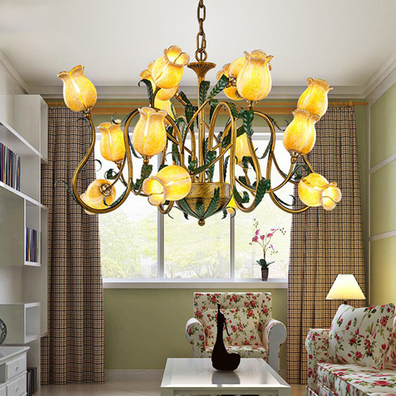 American Flower Metal Hanging Pendant 16 Heads White/Yellow/Purple Glass LED Ceiling Chandelier for Living Room Clearhalo 'Ceiling Lights' 'Chandeliers' Lighting' options 401374
