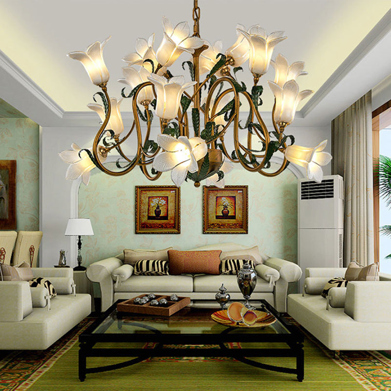 American Flower Metal Hanging Pendant 16 Heads White/Yellow/Purple Glass LED Ceiling Chandelier for Living Room Clearhalo 'Ceiling Lights' 'Chandeliers' Lighting' options 401378