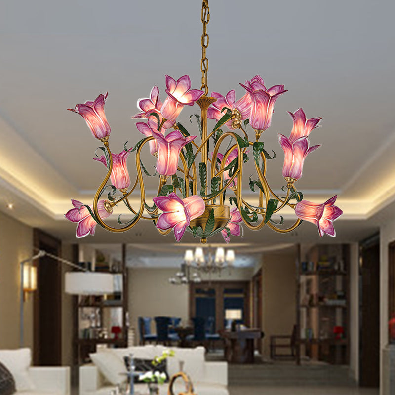 American Flower Metal Hanging Pendant 16 Heads White/Yellow/Purple Glass LED Ceiling Chandelier for Living Room Clearhalo 'Ceiling Lights' 'Chandeliers' Lighting' options 401384