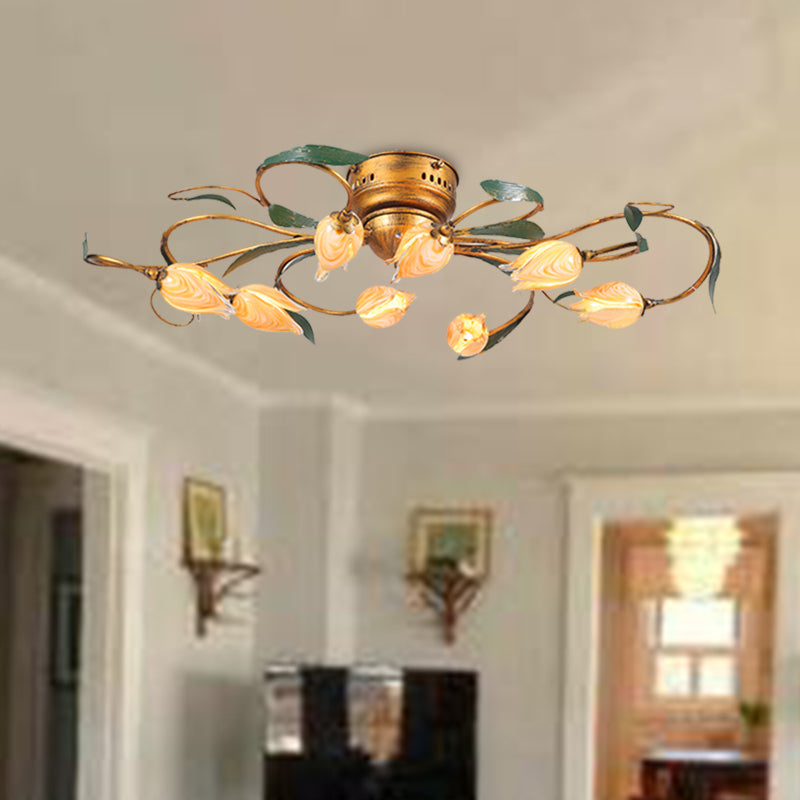 8/15 Heads Ceiling Mounted Fixture American Garden Bedroom LED Semi Flush Light with Tulip Frosted Glass in Brass 8 Brass A Clearhalo 'Ceiling Lights' 'Close To Ceiling Lights' 'Close to ceiling' 'Semi-flushmount' Lighting' 401397