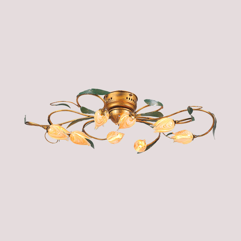 8/15 Heads Ceiling Mounted Fixture American Garden Bedroom LED Semi Flush Light with Tulip Frosted Glass in Brass Clearhalo 'Ceiling Lights' 'Close To Ceiling Lights' 'Close to ceiling' 'Semi-flushmount' Lighting' 401400