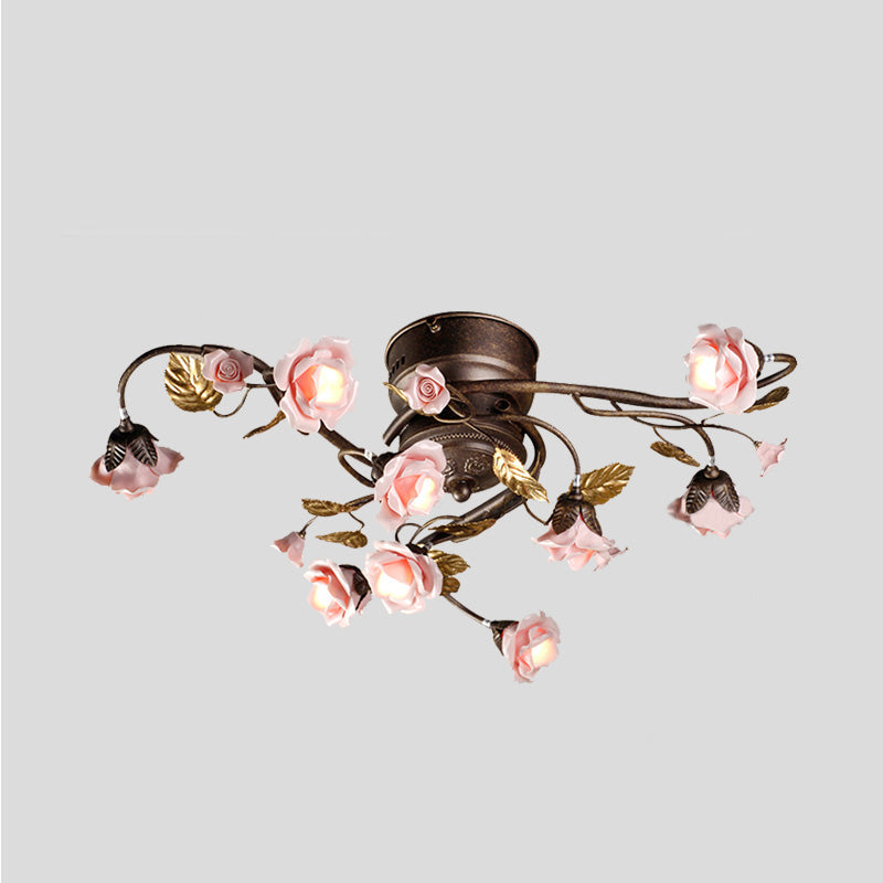 Rose Living Room Ceiling Light Countryside Metal 9/12/20 Heads Dark Brown LED Semi Mount Lighting Clearhalo 'Ceiling Lights' 'Close To Ceiling Lights' 'Close to ceiling' 'Semi-flushmount' Lighting' 401427