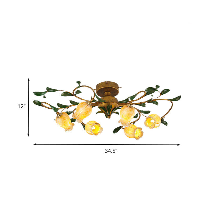 Lily/Tulip Metal Ceiling Fixture Countryside 6/8 Bulbs Bedroom LED Semi Flush Mount Lighting in Brass Clearhalo 'Ceiling Lights' 'Close To Ceiling Lights' 'Close to ceiling' 'Semi-flushmount' Lighting' 401461