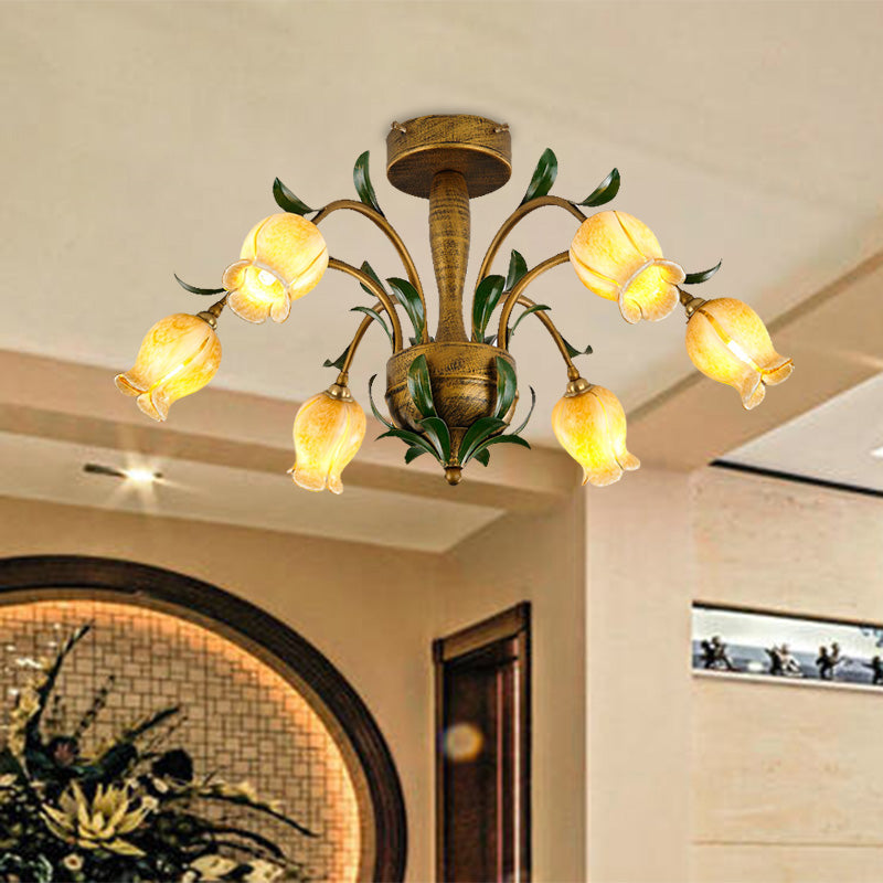 Brass 6/8/10 Bulbs Semi Flush American Garden Metal Tulip LED Close to Ceiling Lighting Fixture for Living Room 6 Brass Clearhalo 'Ceiling Lights' 'Close To Ceiling Lights' 'Close to ceiling' 'Semi-flushmount' Lighting' 401487