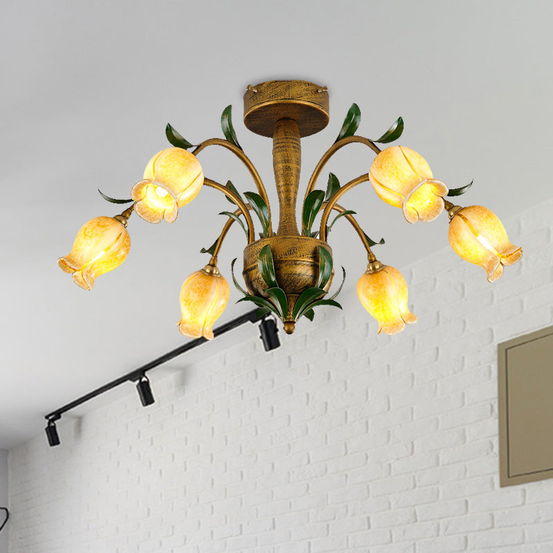 Brass 6/8/10 Bulbs Semi Flush American Garden Metal Tulip LED Close to Ceiling Lighting Fixture for Living Room Clearhalo 'Ceiling Lights' 'Close To Ceiling Lights' 'Close to ceiling' 'Semi-flushmount' Lighting' 401488