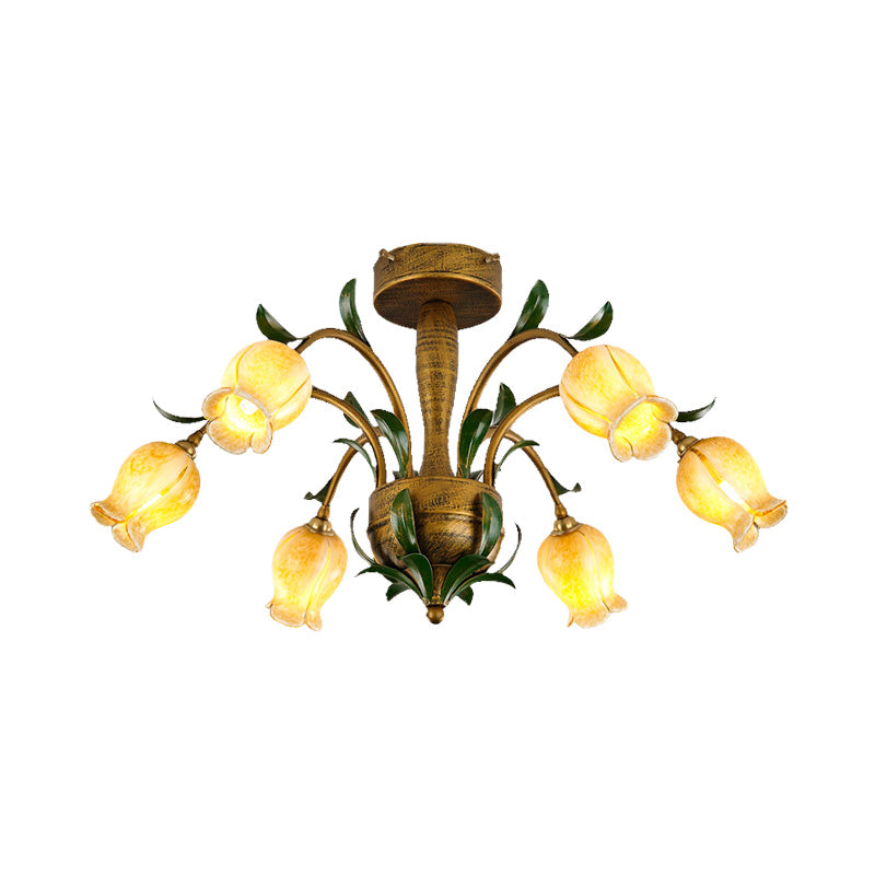 Brass 6/8/10 Bulbs Semi Flush American Garden Metal Tulip LED Close to Ceiling Lighting Fixture for Living Room Clearhalo 'Ceiling Lights' 'Close To Ceiling Lights' 'Close to ceiling' 'Semi-flushmount' Lighting' 401489