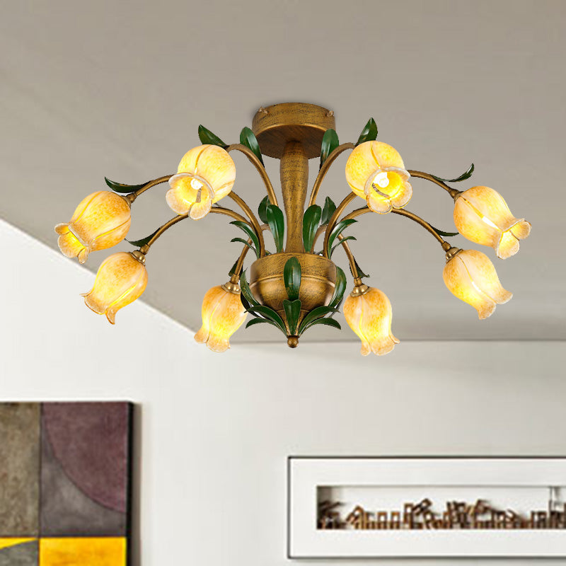 Brass 6/8/10 Bulbs Semi Flush American Garden Metal Tulip LED Close to Ceiling Lighting Fixture for Living Room 8 Brass Clearhalo 'Ceiling Lights' 'Close To Ceiling Lights' 'Close to ceiling' 'Semi-flushmount' Lighting' 401492