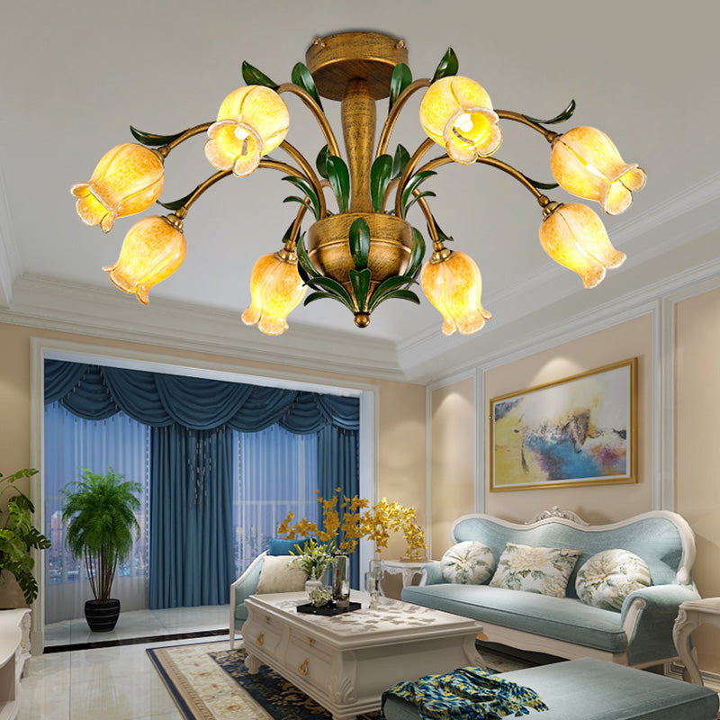 Brass 6/8/10 Bulbs Semi Flush American Garden Metal Tulip LED Close to Ceiling Lighting Fixture for Living Room Clearhalo 'Ceiling Lights' 'Close To Ceiling Lights' 'Close to ceiling' 'Semi-flushmount' Lighting' 401493