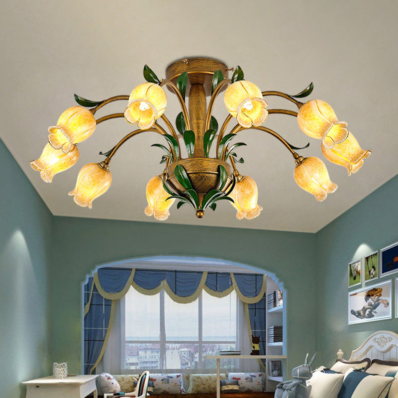 Brass 6/8/10 Bulbs Semi Flush American Garden Metal Tulip LED Close to Ceiling Lighting Fixture for Living Room 10 Brass Clearhalo 'Ceiling Lights' 'Close To Ceiling Lights' 'Close to ceiling' 'Semi-flushmount' Lighting' 401496