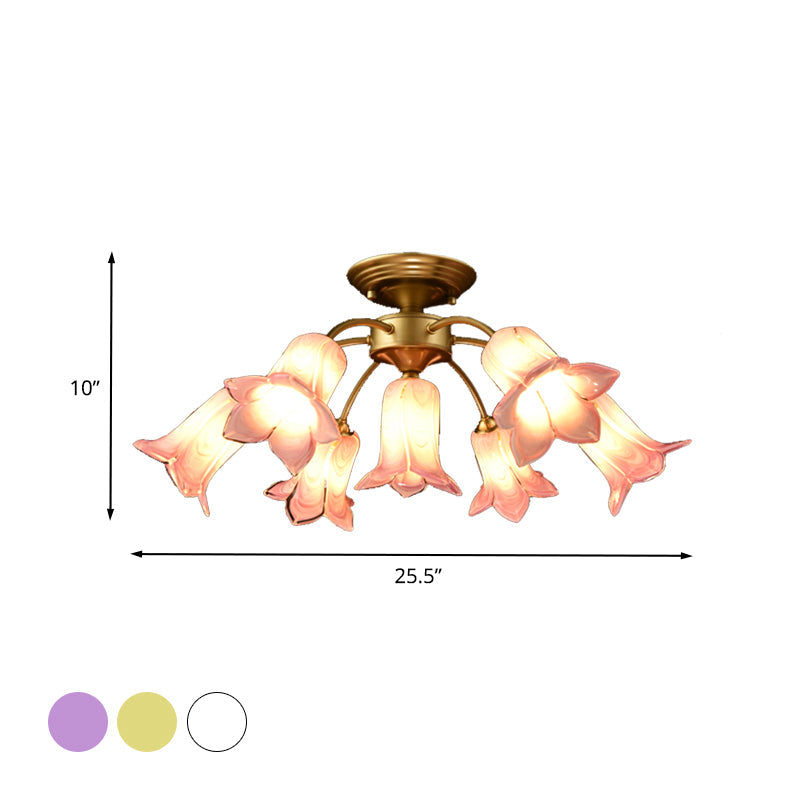 7 Bulbs Ceiling Light Countryside Lily/Tulip White/Yellow/Purple Glass Semi Flush Mount Lighting for Living Room Clearhalo 'Ceiling Lights' 'Close To Ceiling Lights' 'Close to ceiling' 'Semi-flushmount' Lighting' 401526