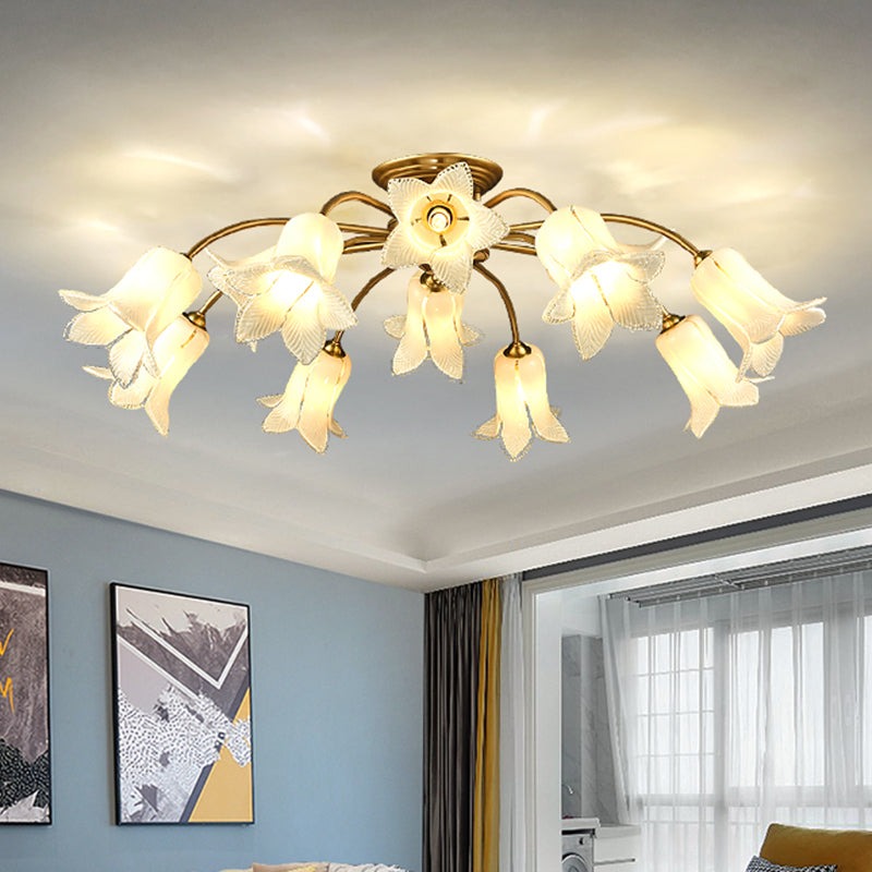10 Heads Ceiling Mounted Fixture Pastoral Bedroom LED Semi Flush Mount Lighting with Lily/Tulip White/Purple/Beige Glass Shade White Clearhalo 'Ceiling Lights' 'Close To Ceiling Lights' 'Close to ceiling' 'Semi-flushmount' Lighting' 401541