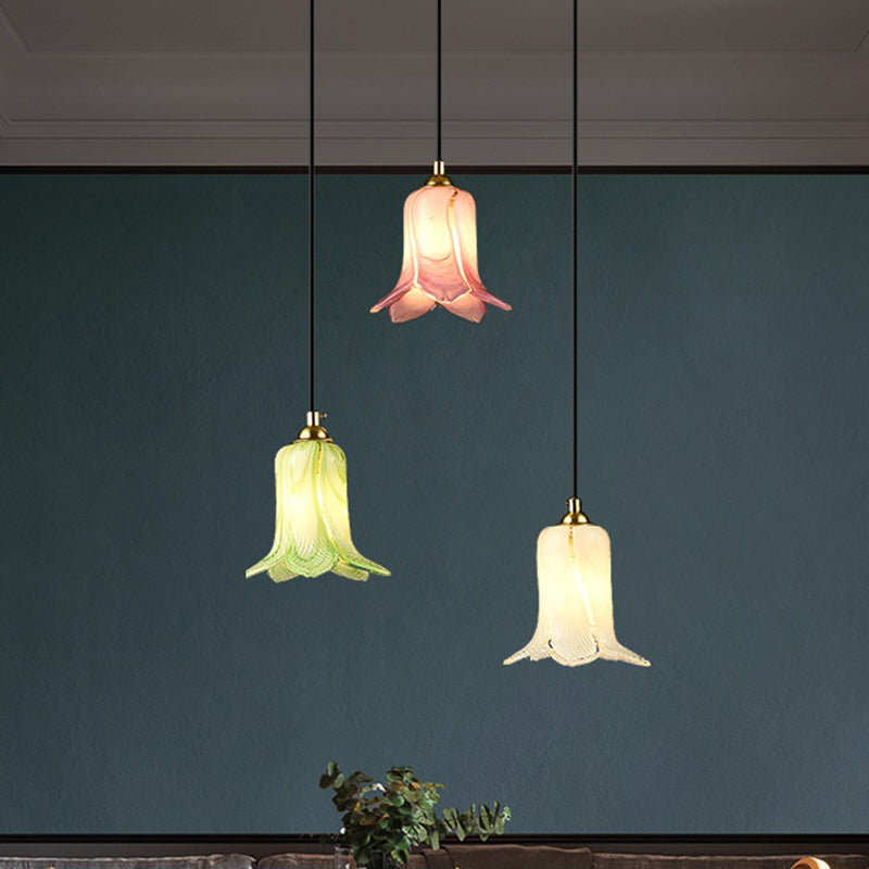 Romantic Pastoral Lily Cluster Pendant 3 Bulbs White/Green/Purple Glass LED Ceiling Hang Fixture for Foyer Clearhalo 'Ceiling Lights' 'Chandeliers' 'Glass shade' 'Glass' 'Pendant Lights' 'Pendants' Lighting' 401554