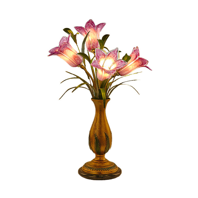 Lily Purple/White Glass Nightstand Light American Garden 4 Bulbs Living Room Night Table Lighting Clearhalo 'Lamps' 'Table Lamps' Lighting' 401699