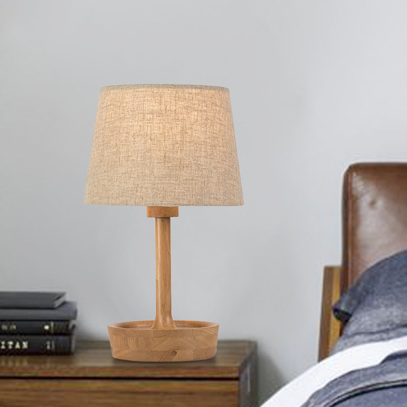 Cone Shade Fabric Task Lamp Modern 1 Bulb Flaxen/White Reading Light, Round Beige Wood Base Clearhalo 'Lamps' 'Table Lamps' Lighting' 402134